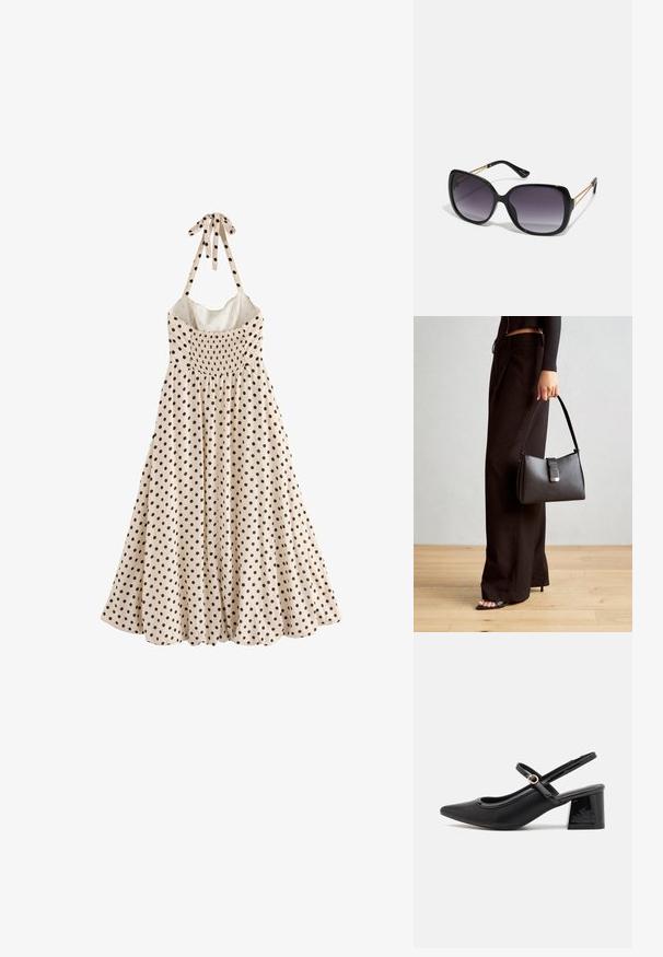 Ein ärmelloses, cremefarbenes Kleid mit schwarzen Pünktchen, einem gerafften Oberteil und einer Schleife am Kragen, das zu einem ausgestellten Saum fällt.; Schwarze Lackleder-Slingback-Absätze mit spitzer Zehenform, einem runden Ausschnitt-Design und einem Blockabsatz. Mit einem goldfarbenen Schnallenakzent.; Schwarze übergroße Sonnenbrille mit getönten Gläsern, dicken Rahmen und goldfarbener Kettendetaillierung an den Bügeln.; Schwarze Handtasche mit strukturierter Form, glatter Textur und einem metallischen Verschluss. Kombiniert mit weiten schwarzen Hosen und offenen Sandalen auf einem Holzboden.