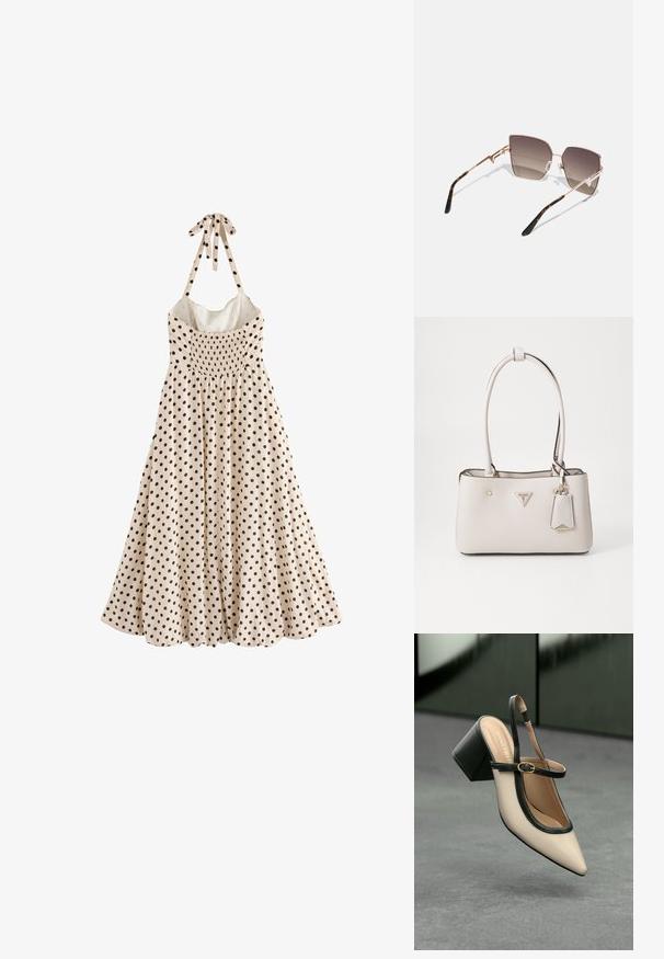 A sleeveless, cream dress features black polka dots, a gathered bodice, and a tie at the neck, falling to a flared hemline.; Beige pointed-toe slingback shoe with black trim, gold buckle, and a chunky block heel on gray floor with dark green background.; Sunglasses with a rose gold metallic frame, angular lenses shaded from dark to light brown, and tortoiseshell pattern on the temples.; Beige faux leather handbag with smooth texture, dual shoulder straps, gold hardware, logo plaque, and an attached tag.