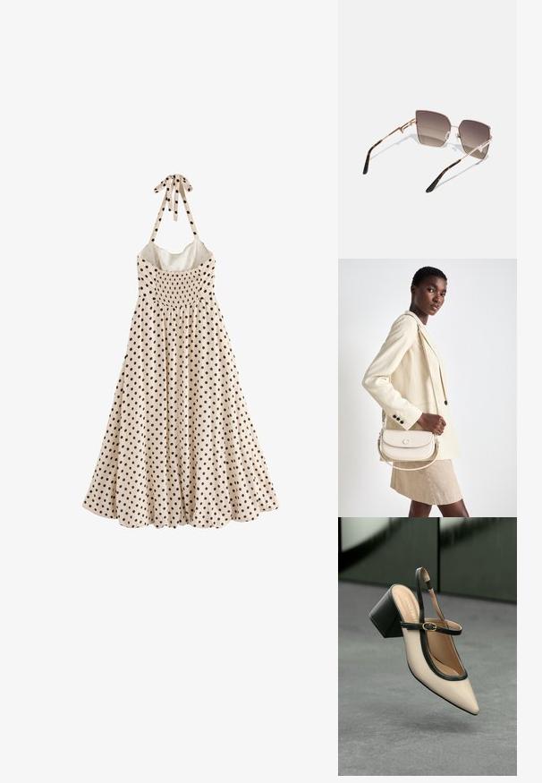 En ærmeløs, crema kjole med sorte polkaprikker, en indsamlet bodice og en sløjfe ved halsen, der falder til en flagrende kant.; Beige spids tå slingback sko med sort kant, guld spænde og en chunky blokhæl på grå gulv med mørkegrøn baggrund.; Solbriller med en roséguldmetallramme, vinklet linser, der skifter fra mørk til lys brun, og skildpadde mønster på stængerne.; COACH EMMY SADDLE BAG 23 - Håndtasker - chalk