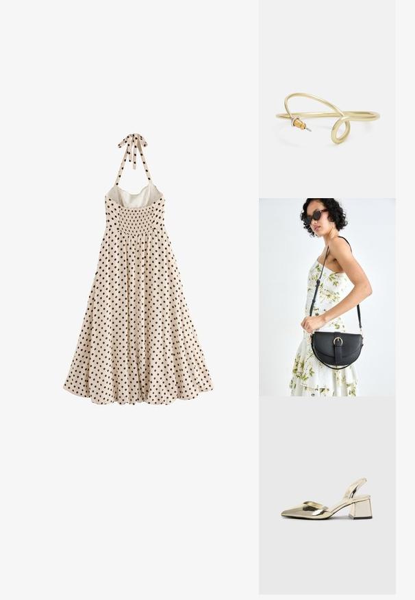 Haljina bez rukava u krem boji sa crnim točkicama, nabranim korzetom i mašnom oko vrata, pada do lepršavog rubnog dela.; Zlatni metalik slingback sandali s šiljatim vrhom i debelim potpeticama. Glatka tekstura, minimalistički dizajn i uski remen.; Crna kožna torba s lukovitim oblikom, odvojivim remenom i zlatnim detaljima. Torba ima preklop s kopčom.; Zlatna metalna narukvica s fluidnim, zavojitim dizajnom. Sadrži mali, istaknuti srebrni akcent na jednom kraju.