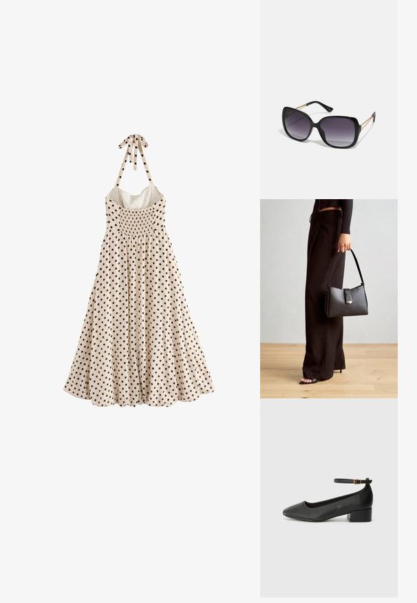 Un vestido sin mangas de color crema con lunares negros, un corpiño fruncido y un lazo en el cuello, que cae hasta un dobladillo acampanado.; Zapato de tacón negro de cuero con punta afilada y tacón bajo cuadrado. Presenta una correa para el tobillo con una hebilla en tono dorado. Textura suave.; Gafas de sol negras de gran tamaño con lentes degradados, montura gruesa y detalles de cadena en tono dorado en las patillas.; Bolso negro con forma estructurada, textura suave y un cierre metálico. Combinado con pantalones anchos negros y sandalias de dedo en un suelo de madera.