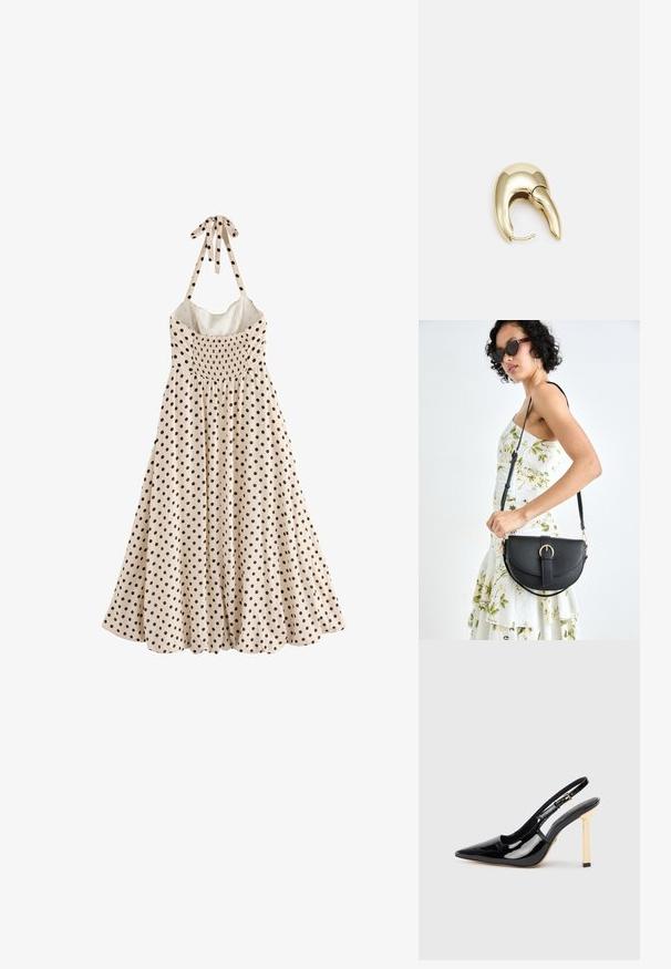 Une robe sans manches, de couleur crème, est ornée de pois noirs, avec un buste froncé et un nœud au cou, tombant jusqu'à un ourlet évasé.; Chaussure à talon haut en cuir verni noir, à bout pointu et avec un accent de talon carré doré. Comprend une bride ajustable à la cheville.; Sac à main en cuir noir avec une forme courbée, bandoulière amovible et des accessoires en or. Le sac est doté d'un rabat avec un détail de boucle.; Boucle d'oreille en métal doré avec un design élégant et courbé. Présente une forme conique distinctive, une surface polie et une fermeture à charnière.