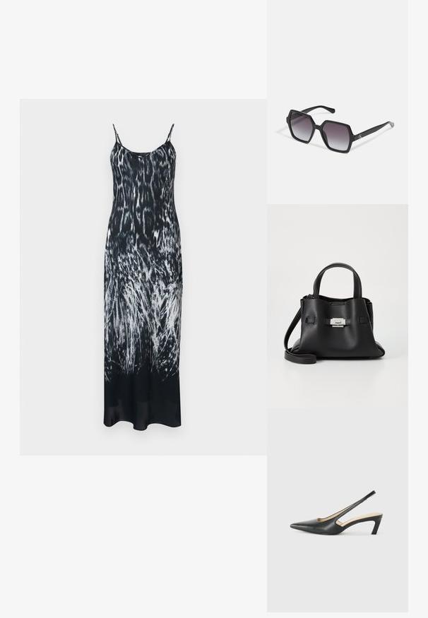 Svart-hvitt trykt maxikjole med tynne stropper, med en flytende silhuett og et design som ligner dyrefur mønster. Mykt materiale.; Svart spiss tå slingback-sko med lav hæl, laget av jevnt skinnmateriale og med utskåret design på siden for pusteevne.; Svart sekskantede solbriller med gradientlinser, med en blank finish og subtil merkevareføring på stangen. Slitesterk plastkonstruksjon.; Svart skinnveske med teksturert overflate, som har to håndtak på toppen, en avtagbar skulderrem og detaljer med sølvspenne.