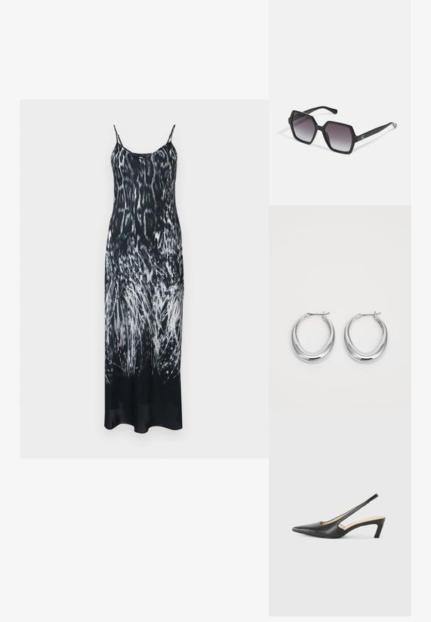 Černobíle potištěná maxi šaty s tenkými ramínky, které mají splývavý siluetu a design připomínající zvířecí srst. Měkký materiál.; Černý špičatý slingback s nízkým podpatkem, vyrobený z hladké kůže, s výřezem na boku pro lepší prodyšnost.; Černé hexagonální sluneční brýle se stupňovitou čočkou, s lesklým povrchem a jemným logem na spánku. Odolná plastová konstrukce.; Pár leštěných stříbrných půlměsíčních náušnic s kloubovými sponami na bílém pozadí.