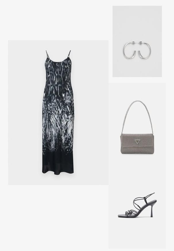 Czarna i biała maxi sukienka w print zwierzęcych wzorów, z cienkimi ramiączkami, charakteryzująca się zwiewną sylwetką. Miękki materiał.; Czarne sandały na wysokim obcasie mają cienkie paski z węzłowym wzorem, gładki, kwadratowy czubek i smukły obcas w stylu szpilki.; Jasnoszara metaliczna torebka na łańcuszku, ozdobiona małymi okrągłymi metalowymi ćwiekami oraz trójkątnym logo marki.; Srebrne kolczyki na biglu o gładkim, błyszczącym wykończeniu. O zaokrąglonym kształcie, lekkim designie, z zamknięciem na zatrzask.