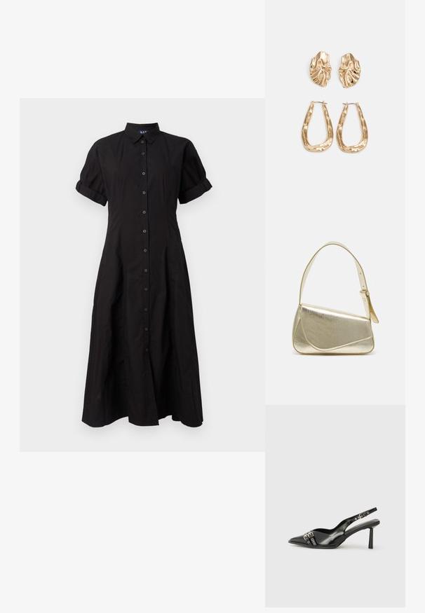 Schwarzes, kurzärmeliges, knopfbetontes Midikleid mit Kragen und umgeschlagenen Säumen, tailliert und zum Saum hin ausgestellt.; Schwarzer Lackleder Slingback-Schuh mit spitzem Zehenbereich, Knöchelriemen mit silbernen Schnallen und Beschlägen sowie einem schlanken Absatz.; Goldfarbene metallische Handtasche mit strukturiertem Design, glatter Textur und verstellbarem Tragegurt. Sie verfügt über eine einzigartige dreieckige Form und minimalistische Nähte.; Ohrringe in Goldoptik mit strukturierten, gewellten Formen. Beinhaltet skulpturale Clip-Ohrringe und ein offenes Hoop-Design mit gehämmertem Finish.