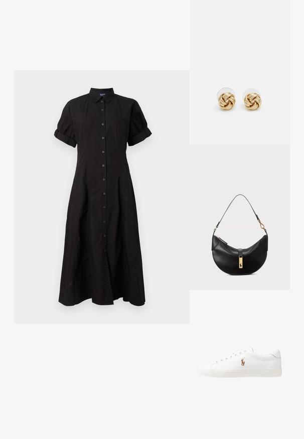 Černé midi šaty s krátkým rukávem, knoflíkovou légou, límcem a ohrnutými manžetami, přiléhavé v pase a rozšiřující se směrem k spodnímu lemu.; Bílé kožené tenisky, nízký střih, s hladkým povrchem, kulatou špičkou, šněrováním v přední části a malým vyšitým logem na boku.; Černá kožená kabelka ve tvaru půlměsíce. Obsahuje zlaté kovové detaily a úzký popruh. Hladký povrch, zapínání na zip na vrchu.; Náušnice ve zlatém tónu ve tvaru uzlu s propleteným designem. Každá náušnice má kulatou průhlednou oporu pro bezpečné nošení.