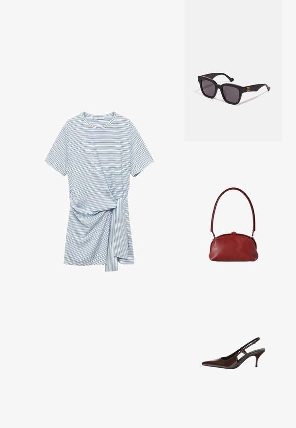 Raitapaitapusero vaaleansinisessä värissä, jossa on vaihtelevia valkoisia ja ruskeita raitoja. Siinä on solmittu sivuyksityiskohta ja lyhyet hihat.; Ruskean lakatut kengät, joissa on avointa leikkuuta, kapea kantapää ja terävä kärki. Varustettu säädettävällä solkiremmi.; Mustat neliönmuotoiset aurinkolasit tummilla linsseillä, joissa on kultaiset logo-akkentit tempuissa ja matta pinta. Kulmikas muotoilu rohkeaan ilmeeseen.; Punainen nahkalaukku, jossa on teksturoidun pinnan, pyöreä muoto, lyhyt kahva ja solkikiinnitys. Yksinkertainen muotoilu ilman lisäkoristeita.