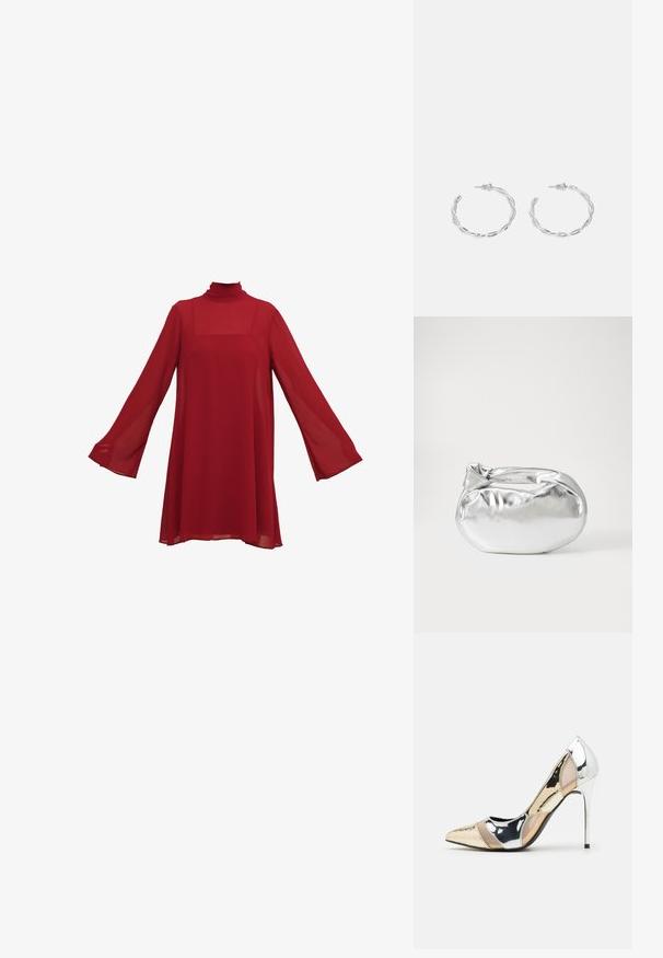 Piros sifon ruha hosszú harangujjakkal és magas nyakkivágással. Laza, folyékony fazon, négyzet alakú nyakkivágással és áttetsző textúrával.; Hegyes orrú magassarkú cipő ezüst, arany és púder színkombinációval. Fényes felületű, kivágott dizájnnal, stiletto sarokkal.; Ezüst fémes anyagú tasak táska, puha, lekerekített formával és csomós záródással a tetején. Simító műbőrből készült.; Ezüst karika fülbevalók csavart kialakítással, fényes felülettel és fülbevaló tűzáras zárással. Átmérőjük körülbelül 3 cm.