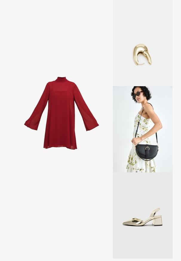 Raudona šifono suknelė su ilgomis varpo formos rankovėmis ir aukštu kaklu. Laisvas, plazdantis siluetas su kvadratu iškirpte ir permatomu audiniu.; Auksiniai, metaliniai slingback aukštakulniai bateliai su smailiu pirštu ir masyviu kulnu. Lygus paviršius, minimalizmo dizainas ir siaura juostelė.; Juodas odinis krepšys su išlenkta forma, nuimamu dirželiu ir auksiniais detalėmis. Krepšys turi kilpą su sagtimi.; Aukso tono metalinės auskarai su stilingu, kreiviu dizainu. Išsiskiria ryškiu smailiu pavidalu, poliruota paviršiumi ir užsegimu su vyriu.