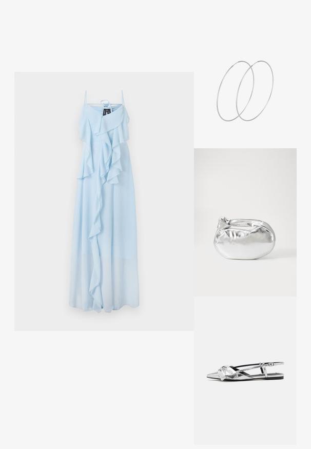 Světle modré maxi šaty s tenkými ramínky, s vrstveným volánkovým designem na horní části a lehkým materiálem, který pokračuje až k lemům.; Stříbrné metalické slingback baleríny s špičatou špičkou, které mají na přední části detail uzlu a nastavitelný pásek pro bezpečné uchycení.; Stříbrná kovová taška s měkkým, zaobleným tvarem a uzávěrem s uzlem. Vyrobena z hladké umělé kůže.; Stříbrné kruhové náušnice s minimalistickým designem. Kruh, hladký povrch a tenký profil. Lehká konstrukce s lesklým povrchem.