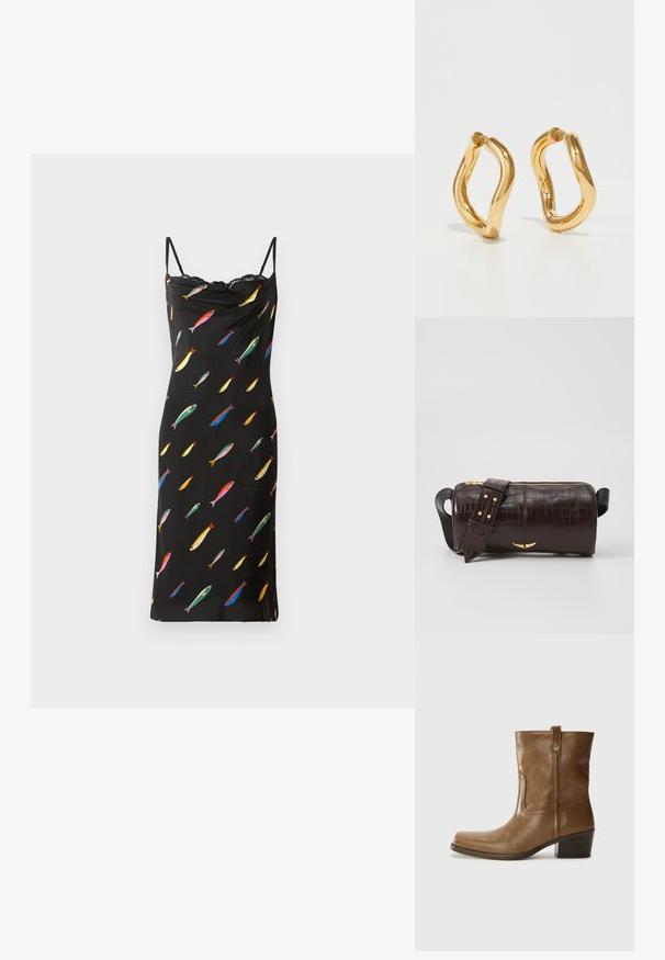 Abito nero senza maniche con scollo a cascata, realizzato in tessuto morbido. Presenta una stampa di pesci colorata su tutto l'abito e un bordo in pizzo all'collo.; Stivale alla caviglia in pelle marrone con punta quadrata, finitura testurizzata e tacco basso incassato. Dotato di un pratico tassello posteriore e dettagli di cucitura sottili.; Borsa in pelle stampata a coccodrillo marrone con forma cilindrica, accessori in tonalità oro e una tracolla staccabile con borchie.; Orecchini a cerchio color oro con una forma curva e irregolare e una superficie liscia e lucida. Nessun hardware o accenti visibili.