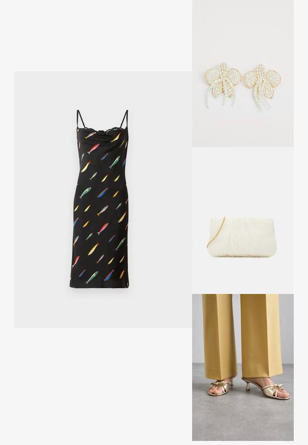 Čierne bezrukávové šaty s cowl výstrihom, vyrobené z hladkej látky. Majú farebnú rybiu potlač a čipkový lem na krku.; Stuart Weitzman FELICITY BOW SLIDE - Šľapky na opätku - platino; Biela textúrovaná kabelka na ruku s nariaseným dizajnom, s zlatým reťazovým popruhom. Hladký povrch s jemnými vlnkami a zaoblenými hranami.; Perlové náušnice v tvare kvetu so zlatými akcentmi. Každý lupienok zdobia malé, okrúhle perly usporiadané do kvetinového dizajnu, s vlečením perlových detailov.