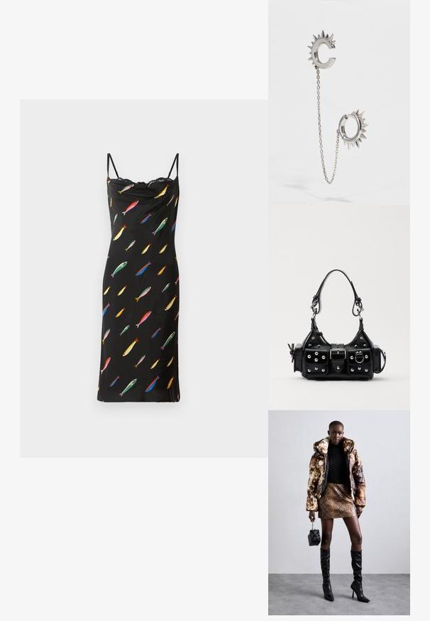 Melnas bezpiedurkņu kleitas ar apaļu kakla izgriezumu, izgatavota no gludas auduma. Pieder krāsains zivs raksts visā kleitā un mežģīņu apdare ap kaklu.; Puffa jaka ar brūnu un melnu rakstu, kombinēta ar brūnu čūskas raksta mini svārkiem, melniem līdz ceļgala zābakiem un mazu melnu somiņu.; Melnas ādas rokturmais ar izliekumu, ar sudraba iedurtiem, sprādzi un divām sānu kabatām. Regulējams siksniņas garums dažādām nēsāšanas iespējām.; Sudraba auskari ar ādām līdzīgu dizainu; viens auskaru ir C formas, savienots ar ķēdi ar apaļu gredzenu, uz kura ir ādām.