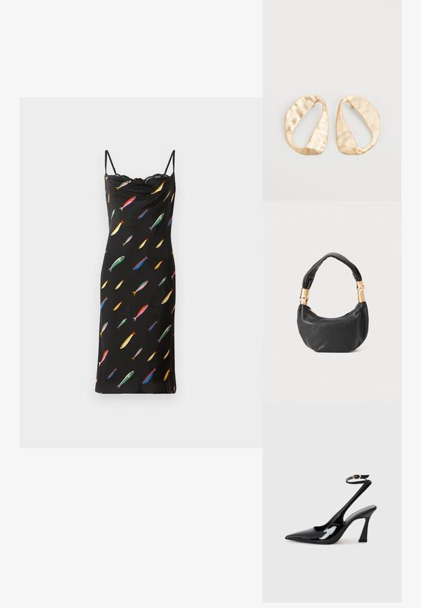 Robe noire sans manches avec un col drapé, fabriquée en tissu lisse. Présente un imprimé de poissons colorés sur l'ensemble et une finition en dentelle au niveau du col.; Escarpins noirs en cuir verni avec un bout pointu, sangle ajustable à la cheville et un talon bloc modéré. Texture lisse avec finition brillante.; Sac à main en cuir noir de forme ronde, texture douce, et avec une anse nouée ornée d'accents en matériel doré. Fermeture éclair.; Une paire de boucles d'oreilles en métal doré, de forme ovales irrégulières, avec une surface texturée et légèrement martelée sur fond blanc.