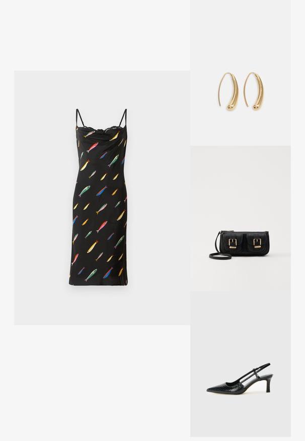 Abito nero senza maniche con scollo a cascata, realizzato in tessuto morbido. Presenta una stampa di pesci colorata su tutto l'abito e un bordo in pizzo all'collo.; Slingback con tacco in vernice nera con punta affusolata, caratterizzato da una stampa a serpente testurizzata, cinturino regolabile e un tacco corto e testurizzato.; Borsa a tracolla nera in pelle con due tasche frontali, fibbie dorate, chiusura con zip e una tracolla sottile. Superficie texturizzata e forma rettangolare compatta.; Orecchini a cerchio in metallo color oro con forma curva ed allungata. Presentano una superficie liscia e lucida e una punta arrotondata per un tocco di dettaglio in più.