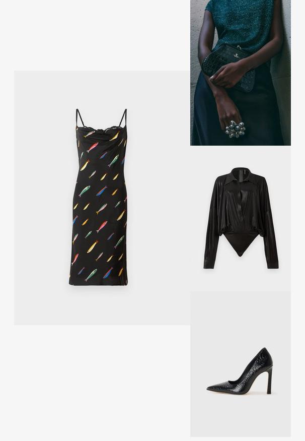 Robe noire sans manches avec un col drapé, fabriquée en tissu lisse. Présente un imprimé de poissons colorés sur l'ensemble et une finition en dentelle au niveau du col.; Body noir avec manches longues, décolleté en V et une silhouette ajustée. Fabriqué en tissu lisse et brillant avec un col structuré et des poignets.; Escarpin noir à bout pointu avec texture en cuir de crocodile, présentant un design élégant, un haut talon aiguille et un intérieur noir lisse.; Sac à main en cuir noir à motif crocodile avec des finitions en métal argenté, posé sur un fond texturé gris. Présente une surface brillante.