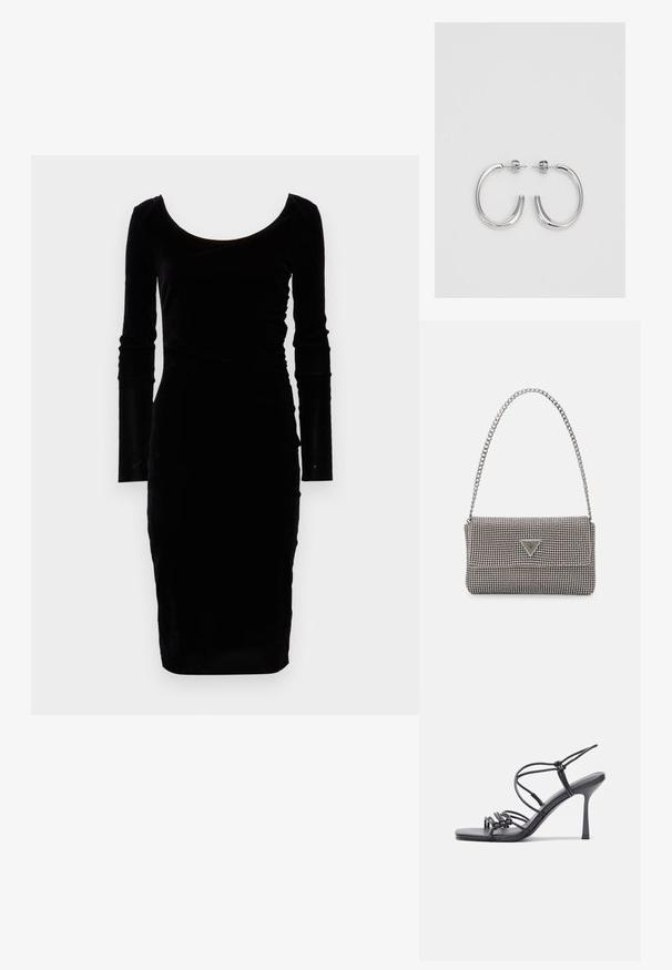 Juodas aksominis ilgos rankovės suknelė su prigludusia siluetu. Turi plačią apykaklę ir lygią tekstūrą, siekiančią kelių ilgį.; Juodos aukštakulnės sandalai pasižymi plonyčiais dirželiais su mazgo dizainu, lygiu kvadratiniu pirštu ir elegantišku stiletto kulnu.; Šviesiai pilka metalinė rankinė su grandinėlės dirželiu, papuošta mažais apvaliais metaliniais smeigėmis ir trikampiu prekės ženklu.; Sidabrinės auskarai žiedai su lygiu, blizgiu paviršiumi. Suapvalinta forma, lengvas dizainas, su uždarymu ant smeigtuko.