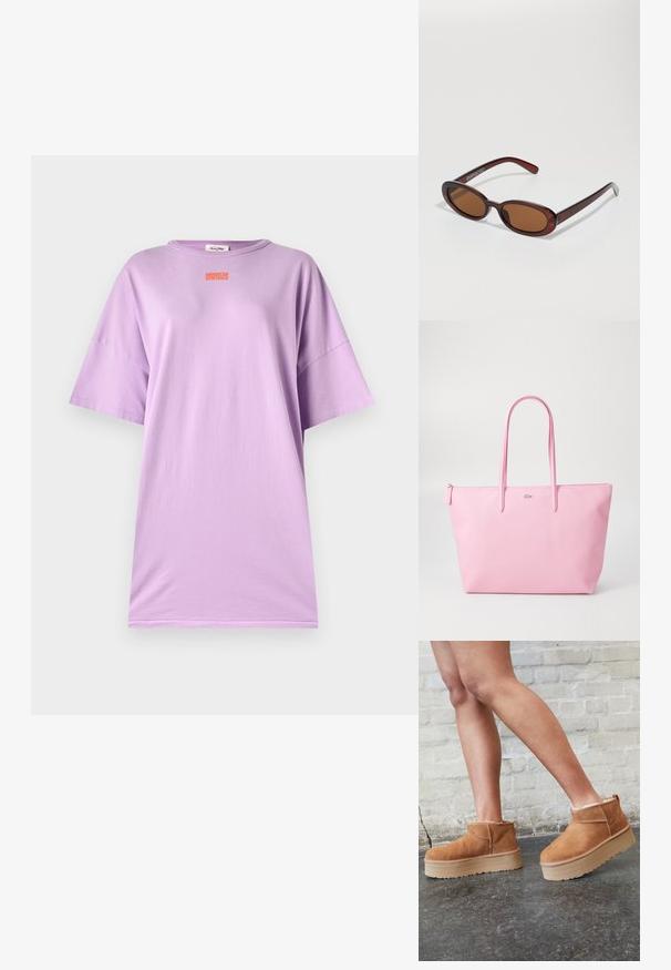 Svetlo-lavanda bombažna majica s sproščenim krojem, kratkimi rokavi in ribastim okrog imenom. Ima majhen oranžen logo spredaj.; Rjavi semiš škornji do gležnjev s puhastim podlogo, debelim bež platformnim podplatom in zanko na zadnji strani. Teksturirana površina z vidnimi šivi.; Okrogle, rjavo obarvane sončne naočare z sijočim burgundskim okvirjem. Tanek nosilec s subtilnim logotipom. Oblika leč je ravna.; Roza torba iz teksturiranega materiala, z dvema dolgima ročajema in vtisnjenim logotipom na sprednji strani. Zadrga na vrhu.