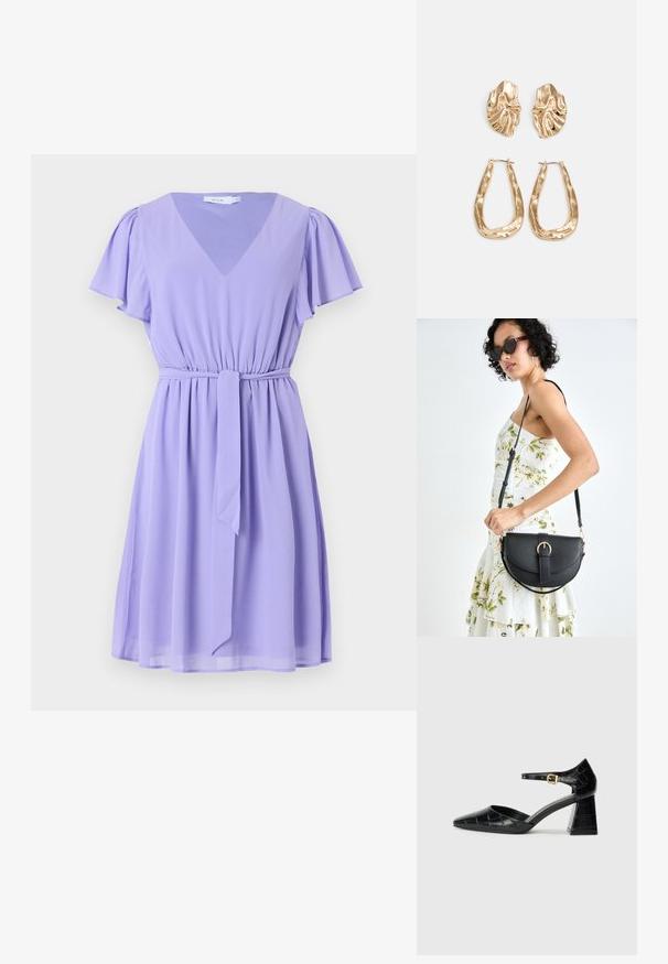Rochie lila din material ușor, cu decolteu în V, mâneci scurte flutură, talie ajustabilă cu șnur și fustă evazată.; Pantofii negri din piele lăcuită cu toc înalt, vârf ascuțit, curea la gleznă și model texturat de crocodil. Design cu toc pătrat.; Geantă din piele neagră, cu o formă curbată, curea detașabilă și accesorii aurii. Geanta are un capac cu un detaliu tip cataramă.; Cercei aurii cu forme texturate și ondulate. Include studs sculpturale cu clip și un design de cerc deschis cu un finisaj cioplit.