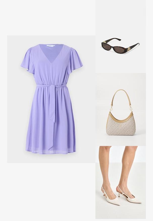 Lavendelfarbenes Kleid aus leichtem Stoff, mit einem V-Ausschnitt, kurzen schwingenden Ärmeln, einem Zugband in der Taille und einem ausgestellten Rock.; Beige Lackleder Slingback-Absätze mit spitzem Fuß und 5 cm Absatz, mit ausgeschnittenen Seiten und einem schmalen Knöchelriemen.; Schildpatt-Sonnenbrille mit länglich-ovalen Gläsern, braunem Farbton, goldenen Logo-Akzenten an den Bügeln und schlanken schwarzen Bügeln.; Beige gemusterte Handtasche mit geschwungener Form, Lederakzenten und einem goldfarbenen Logo auf der Vorderseite. Verfügt über einen kurzen Griff für einfaches Tragen.