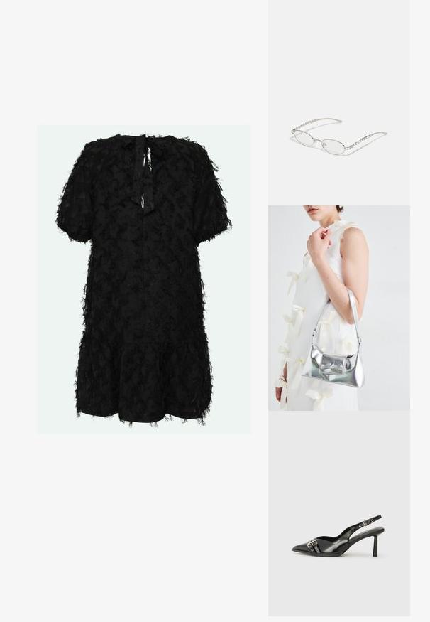 Moves Denní šaty - black; Černá lakovaná slingback obuv s špičatou špičkou, kotníkovými pásky s kovovými sponami a příslušenstvím, a štíhlým podpatkem.; Oválné brýle s metalickým stříbrným rámem, čirými skly a texturovanými korálkovými akcenty na spáncích. Lehce provedení s zakřivenými nohama.; Stříbrná kovová kabelka se strukturovaným tvarem, s horním držadlem a detailem v podobě mašle na přední straně. Hladký povrch, reflexní lesk.