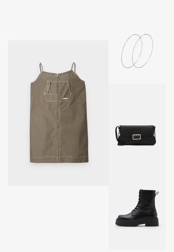 Olive zeleno brezrokavno obleko iz bombaža z zadrgo. Ima en žep na prsih, kontrastno šivanje in nastavljive naramnice.; Črne usnjene gležnjarje z okroglo konico, vezalnim sprednjim delom in debelim gumijastim podplatom z teksturiranim profilom. Zanka na hrbtni strani.; Črna usnjena torbica na preklop z zlato kovinsko zaponko. Vključuje črn trak in eleganten, minimalističen dizajn.; Srebrne uhane v obliki obroča z minimalističnim dizajnom. Krožna oblika, gladka tekstura in tanek profil. Lahki s poliranim zaključkom.