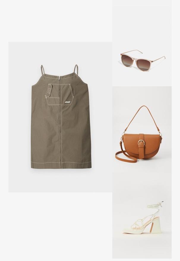 Olivově zelené bezramínkové šaty vyrobené z bavlny s zipovým zapínáním. Mají jednu náprsní kapsu, kontrastní stehy a nastavitelné ramínka.; Bílé sandály na vysokém podpatku s robustním podpatkem, s designem s pásky a zavazováním kolem kotníku. Hladký povrch s platformou vpředu pro zvýšení výšky.; Hnědé sluneční brýle s gradientem, s průhledným růžovým rámem, čtvercovým tvarem a tenkými kovovými nohami. Charakterizovány zaoblenými hranami a minimálním zdobením.; Hnědá kožená křížová taška s zakřiveným tvarem, zlatými detaily a akcentem s přezkou. Obsahuje odnímatelný popruh na rameno.