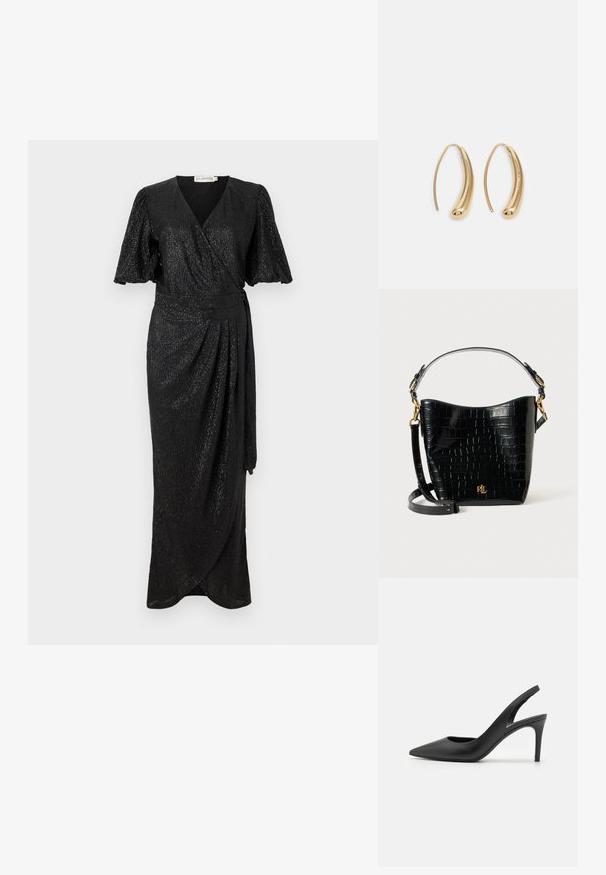 Crna haljina omot s kratkim, napuhanim rukavima, teksturiranim materijalom sa suptilnim sjajem, i detaljem na struku koji se veže, koja se proteže do gležnjeva.; Crne kožne slingback visoke pete s dizajnom u obliku špice, s izrezom sprijeda i tankom stiletto petom.; Crna torba od kože s uzorkom krokodila, zakrivljenog oblika, s zlatnim metalnim detaljima, podesivim remenom i logotipom sprijeda.; Zlatne metalne naušnice u obliku obruča s zakrivljenim, izduženim oblikom. Imaju glatku, sjajnu površinu i zaobljeni vrh za dodatni detalj.