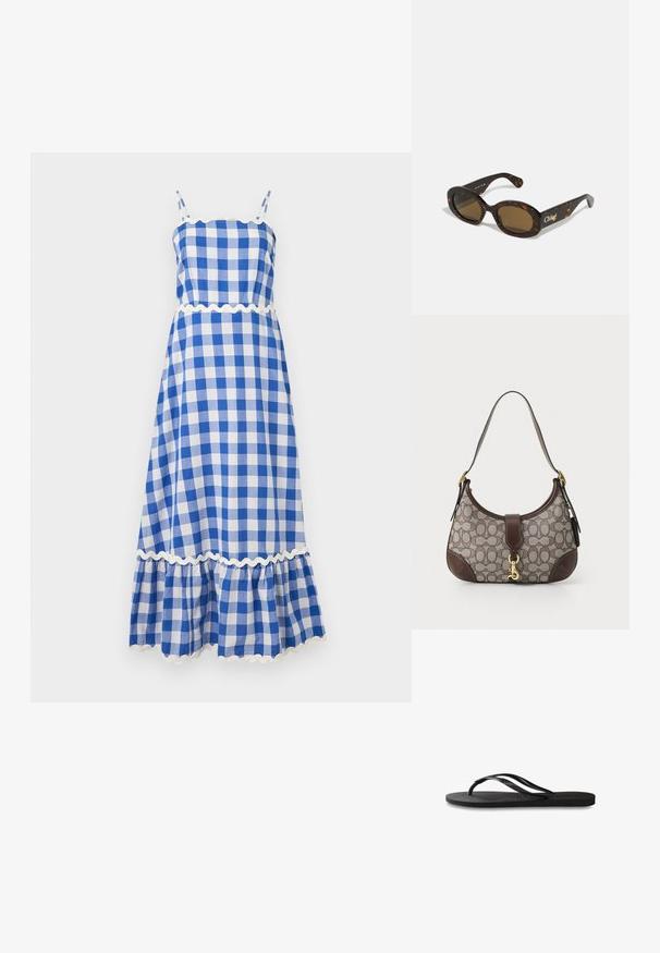 Modrá a bílá kostkovaná bezrukávová šaty s volánkovým lemem a vlnitým zdobením v pase, vyrobené z lehké textilie.; Černé žabky s texturovanou gumovou podrážkou, dvěma štíhlými popruhy a jemným, embosovaným logem na popruhu.; Sluneční brýle v želvovinovém designu s oválnými rámy, hnědými skly a logem "Chloé" na nožičce. Hladký plastový materiál s lesklým povrchem.; COACH HAMPTONS HOBO BAG IN SIGNATURE JACQUARD - Kabelka - oak maple