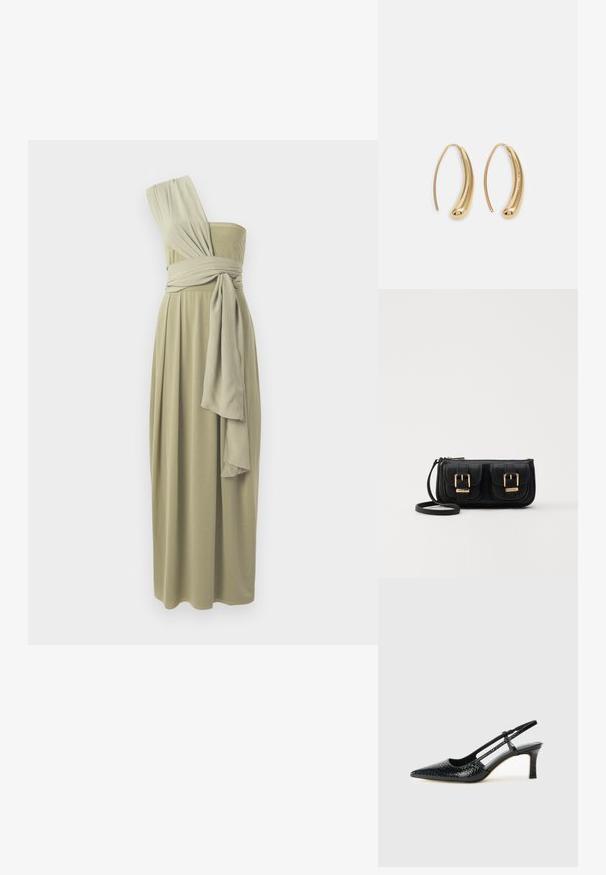 Midi obleka z enojnim ramenom v olivno zeleni barvi, ki se ponaša z drapirano tkanino in ovitim pasom. Gladka tekstura s tekočo zasnovo.; Črne lakaste slingback pete s koničastim nosom, ki imajo teksturiran vzorec kačje kože, nastavljiv trak in kratek teksturiran blok peto.; Črna usnjena torbica čez ramo z dvema sprednjima žepoma, zlatimi zaponkami, zadrgo in ozkim pasom. Tekstura površine je strukturirana, obliko pa ima kompaktno pravokotno.; Zlato-tonirani kovinski uhani v obliki obroča s krivuljo in podolgovato obliko. Imajo gladko, sijočo površino in zaobljen vrh za dodaten detajl.
