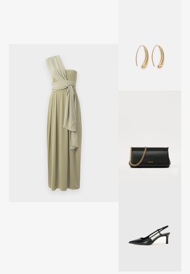 Midi haljina s jednim ramenom u maslinasto zelenoj boji, s drapiranom tkaninom i obavijenim strukom. Glatka tekstura s lepršavim dizajnom.; Crne lakirane slingback pete s oštrim vrhom, s teksturiranim uzorkom zmijske kože, podesivom remenom i kratkom, teksturiranom blok-petom.; Crna kožna torbica sa zlatnim lančićem, koja se odlikuje glatkom teksturom, pravokutnim oblikom i utisnutim brendom na prednjoj strani.; Zlatne metalne naušnice u obliku obruča s zakrivljenim, izduženim oblikom. Imaju glatku, sjajnu površinu i zaobljeni vrh za dodatni detalj.