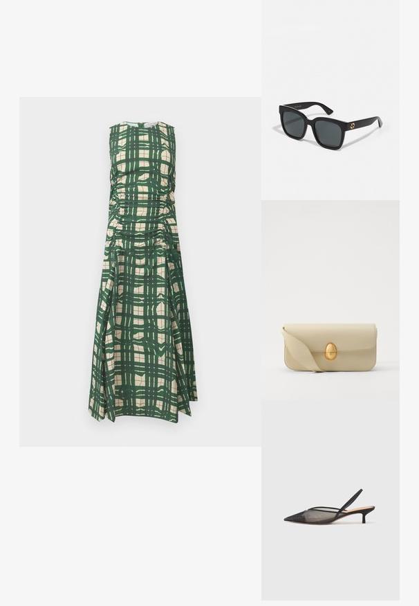 Sukně bez rukávů s kostkovaným vzorem v zelené a krémové barvě, s nařasenými bočními detaily a kulatým výstřihem, vyrobená z hladké tkaniny.; NEOUS IRENA - Klasické lodičky - black; Černé sluneční brýle s obdélníkovými skly, s lesklým povrchem a zlatými logovými akcenty na nožkách. Temně šedá skla poskytují UV ochranu.; Krémová kožená kabelka s hladkým povrchem, obdélníkovým tvarem a zlatým oválným uzávěrem. Disponuje dlouhým, nastavitelným popruhem.