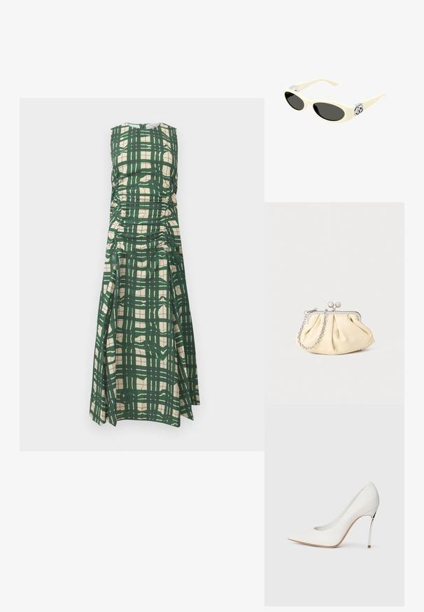 Žalias ir kremas languotas be rankovių suknelė su susiraukšlėtą šonine detalizacija ir apvaliu iškirpimu, pagaminta iš lygios tekstūruotos medžiagos.; Balti aukštakulniai bateliai su smailiu pirštu, padengti smulkia blizgučių tekstūra. Sidabrinis metalinis kulnas suteikia kontrasto. Elegantiškas dizainas.; Kreminės spalvos saulės akiniai su ovaliais objektyvais, juodu tonu ir metaliniais logotipų akcentais ant šventyklų. Lygus paviršius, katės akies dizainas.; Plyšiniai smėlio spalvos odiniai rankinukai su sidabriniu metaliniu rėmu, turintys du apvalius dekoratyvinius užtrauktukus ir sidabrinę grandinėlę.