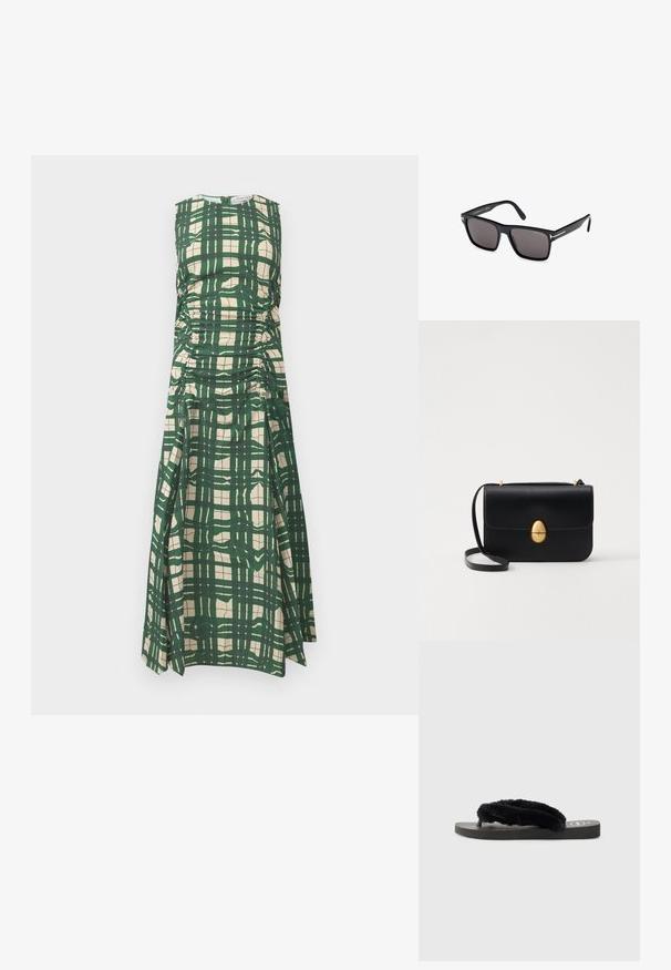 Vihreä ja kerma-valkoinen ruudullinen hihaton mekko, jossa on kerrostettu sivuote ja pyöreä pääntie, valmistettu sileästä teksturoidusta kankaasta.; Mustat flip-flop-sandaalit, joissa on kaksi pehmeää, karvaista hihnaa, litteä kumipohja ja teksturoitu pohja pidon parantamiseksi. Yksinkertainen muotoilu yksi-värisessä värimaailmassa.; Musta suorakulmainen aurinkolasit, joissa on harmaat sävykkäät linssit. Mustasta muovista valmistettu kehys, jossa on hopeinen metalliyksityiskohta templeissä. Kevyt muotoilu.; Musta nahkakäekott struktureeritud ristküliku kujuga. Varustatud kuldse ovaalse lukuga ja õhukese õlalindiga. Sile tekstuur.