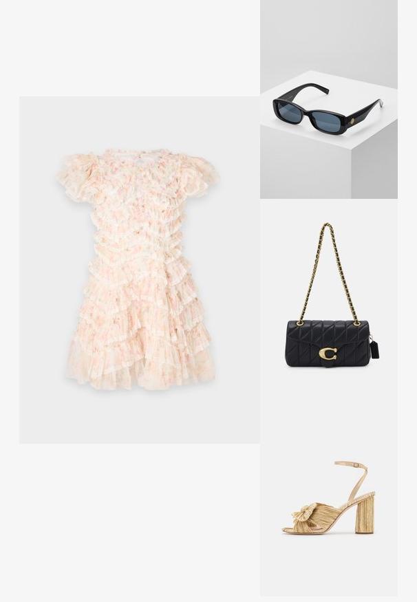 Ziedu raksts apģērbā pasteļrozā un krēmkrāsā, ar slāņveida volāniem un mežģīņu akcentiem. Īsas pūkainas piedurknes un apaļa kakla izgriezums.; Zelta papēža sandales ar mezglotu priekšpusi, plīšu tekstūru un potītes siksniņu. Bloku papēdis ir ar ribotu dizainu, kas uzlabo saķeri.; Melni taisnstūra saules brilles ar tonētiem ziliem stikliem, biezām rāmjiem un zelta apļa akcentu sānos. Gluda, spīdīga apdare.; Melna quiltota soma ar zeltītu ķēdes siksnu, kas izceļas ar izteiksmīgu zelta aizdari un mazu etiķeti, demonstrējot teksturētu ādas virsmu.