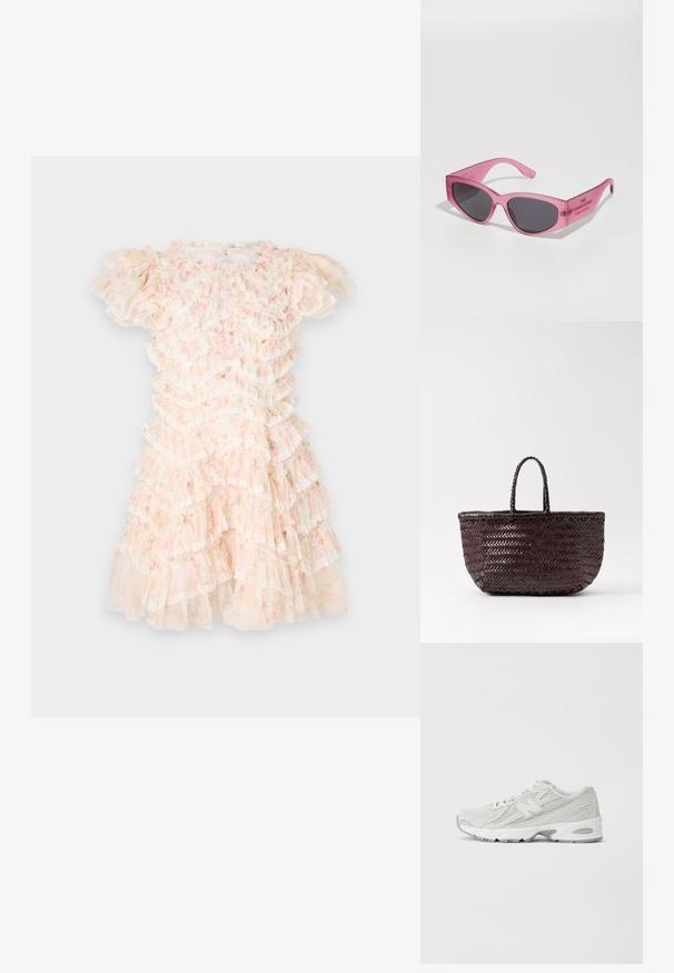 Blommönstrad klänning i pastellrosa och krämfärg, med lager av volanger och spetsdetaljer. Korta puffärmar och rund halsringning.; Lätta löparskor med ovandel i mesh i vitt, grå accenter, vadderad sula och texturerade överlägg. Har ett integrerat snörningssystem.; Rosa transparenta solglasögon med en kantig, kattöga-form, mörkt tonade linser och präglad text på stiftet som säger "SOLGLASÖGONEN."; DRAGON DIFFUSION BAMBOO TRIPLE JUMP SMALL - Handväska - dark brown