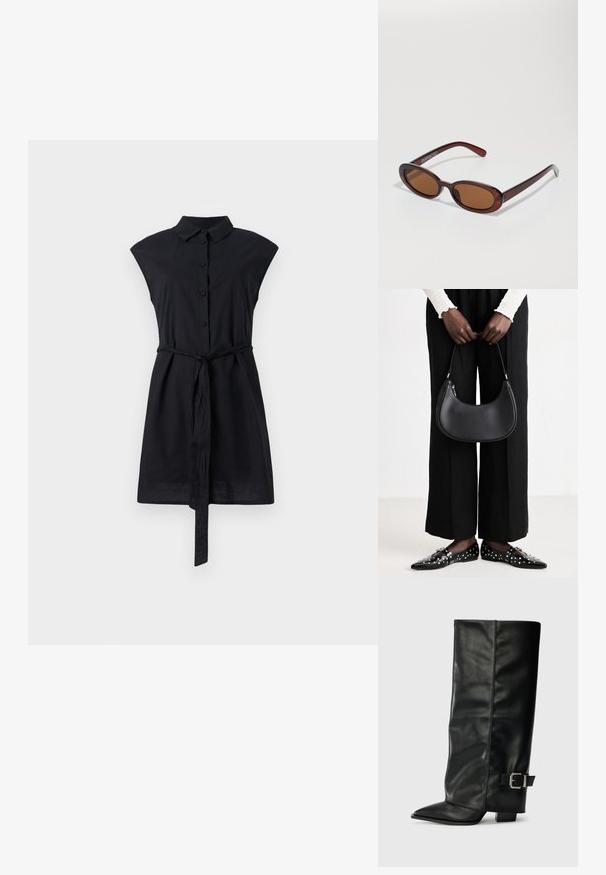 Črna kratkosleeve obleka s kratkimi rokavi in gumbi spredaj ter s pasom na vezanje. Narejena je iz gladkega materiala, ima strukturiran ovratnik in minimalističen dizajn.; Črne usnjene gležnjarje do gležnjev z ostrim nosom, gladko teksturo in srebrnim sponko akcentom na strani. Debel kvadratni peti.; Okrogle, rjavo obarvane sončne naočare z sijočim burgundskim okvirjem. Tanek nosilec s subtilnim logotipom. Oblika leč je ravna.; Črna usnjena torba za ramo z zaokroženo obliko, sijajno površino in srebrnimi dodatki. Oseba nosi črne široke hlače in loaferje s konicami.