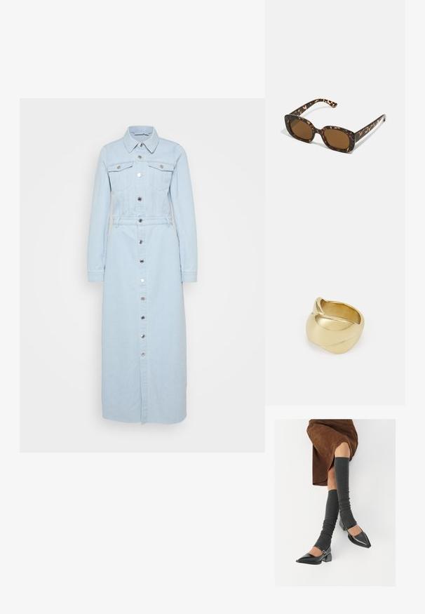 Világoskék farming ingruha hosszú ujjakkal, gombos elülső résszel, két mellzsebbel és övvel a testhez álló fazonért.; Fekete lakk bőrből készült, hegyes orrú cipők, tömbsarkúakkal és bokapánttal, szürke bordás lábszármelegítőkkel és barna velúr szoknyával párosítva.; Teknősbéka mintázatú napszemüveg kerek, vastag kerettel és barna lencsékkel. Finom mintázattal és egyenes, keskenyedő szárakkal rendelkezik.; Aranyszínű gyűrű sima, csavarodott mintával. Polírozott felülettel és lekerekített élekkel rendelkezik, ami zökkenőmentes, folyékony formát kölcsönöz neki.