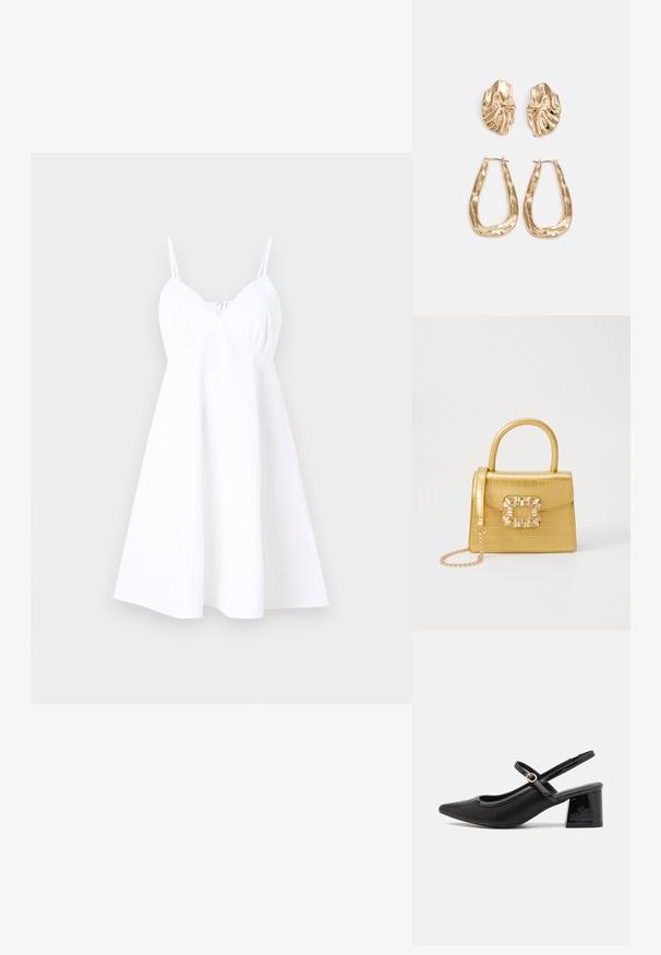 Bijela haljina bez rukava s uskim korzetom i raširenim suknjom. Napravljena od lagane tkanine, sadrži delikatno nabranu prednju stranu.; Crne lakirane slingback visoke potpetice s šiljastim vrhom, zaobljenim izrezom i blok potpeticom. Sadrži akcent zlatnog tona s kopčom.; Žuta torbica od umjetnog krokodila sa strukturiranim dizajnom, gornjom ručkom, odvojivim lančićem i dekorativnim kristalnim ukrasom na kopči.; Naušnice zlatne boje s teksturiranim, valovitim oblicima. Uključuju skulpturalne kopče i dizajn otvorene kružnice s kovanom završnom obradom.