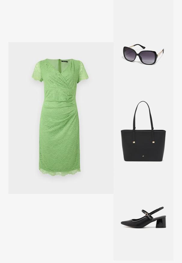 Robe en dentelle verte avec des manches courtes évasées, décolleté en V, détails froncés, longueur genou, ourlet festonné et fermeture éclair au dos.; Escarpins slingback en cuir verni noir avec un embout pointu, un design à découpes arrondies et un talon carré. Présente un accent de boucle en ton doré.; Lunettes de soleil noires surdimensionnées avec des verres dégradés, monture épaisse et détails en chaîne dorée sur les branches.; Sac fourre-tout noir en matériau synthétique, avec un design rectangulaire simple, des accents carrés dorés et des doubles poignées.