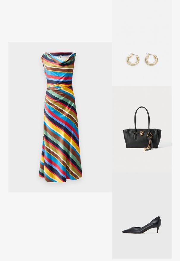 Šaty s rolákovým výstrihom, zdobené diagonálnymi mnohofarebnými pruhmi v modrej, červenej, hnedej a žltej farbe. Vyrobené z hladkej, ľahkej tkaniny.; Čierny kožený lodička s špičatou špičkou a nízkym opätkom. Má hladkú textúru a jemný lesk. Vpredu je otvorený výrez pre zvýraznenie detailu.; Čierna kožená kabelka s dvojitými uchami, zlatým zámkom a reťazovým detailom, a čierno-bielym strapcom na bielom pozadí.; Lauren Ralph Lauren BASIC SMALL HOOP - Náušnice - gold-coloured