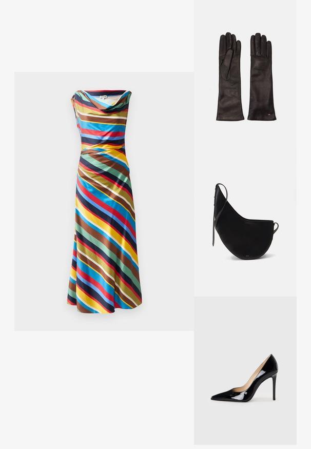 Kumerootsiga kleit, millel on diagonaalsed mitmevärvilised triibud sinises, punases, pruunis ja kollases. Valmistatud siledast, kergest kangast.; Must matte musta kõrge kontsaga king, millel on terav varvas ja sujuv siluett. Omab sileda, läikivat viimistlust ja sale stiletto konts.; Mustmust mustraha, millel on kaarjas kuu kuju, õhukese rihmaga ja peene kuldse brändinguga ees. Sile tekstuur koos minimaalseteDetailidega.; Weekend Max Mara SENAPE - Sõrmkindad - nero