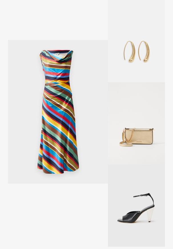 Haljina s kapuljačom koja ima dijagonalne višebojne pruge u plavoj, crvenoj, smeđoj i žutoj boji. Izrađena je od glatkog, laganog materijala.; Crne kožne sandale s visokim potpeticama, otvorenim prstima, asimetričnim dizajnom, remenom oko članka i metalnom konusnom potpeticom. Glatka tekstura kroz cijelu cipele.; Metalna zlatna kožna torbica s teksturiranom površinom, opremljena zlatnim lancem i uklonjivom naramenicom. Utisnuti logotip branda.; Zlatne metalne naušnice u obliku obruča s zakrivljenim, izduženim oblikom. Imaju glatku, sjajnu površinu i zaobljeni vrh za dodatni detalj.