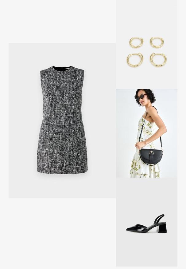 Ärmelloses Kleid aus strukturiertem schwarz-weißen Stoff, mit einem runden Ausschnitt und einem Reißverschluss hinten. Kurze, figurbetonte Silhouette.; Schwarze Lackleder-Slingback-High Heels mit spitzem Schuh und einem geometrischen Blockabsatz. Verfügt über ein schlankes, minimalistisches Design und eine glatte Textur.; Schwarze Lederhandtasche mit geschwungener Form, abnehmbarem Tragegurt und goldenen Beschlägen. Die Tasche verfügt über einen Deckel mit einer Schnallen-Details.; Goldene Creolen, vier Stück, mit glatter Oberfläche, runder Form, in verschiedenen Größen, mit einem klappbaren Verschluss für einfaches Anlegen.