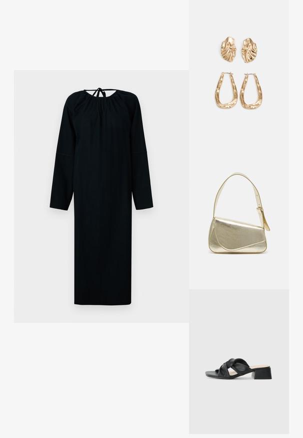 Vestido preto de mangas longas, feito de um tecido suave, apresenta um decote arredondado com detalhe franzido e um fecho atado nas costas. Silhueta simples.; Sandal de couro preto com um design superior torcido, bico quadrado e um salto bloco baixo, apresentando uma textura suave e um estilo minimalista.; Bolsa de mão metálica dourada com um design estruturado, textura suave e alça ajustável. Apresenta uma forma triangular única e costura minimalista.; Brincos em tom de ouro com formas onduladas e texturizadas. Inclui studs escultóricos com presilha e um design de argola aberta com um acabamento martelado.