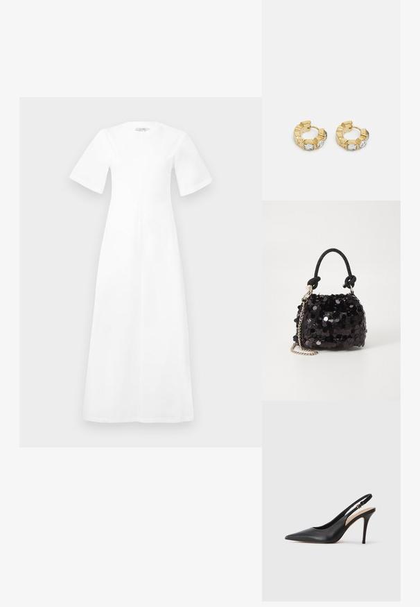 Vestido branco, até ao joelho, com mangas curtas, decote redondo e um corte solto, feito de um tecido suave sem padrões ou detalhes visíveis.; Sapato de salto alto em pele preta, com biqueira pontiaguda, textura suave e uma tira delicada com uma fivela metálica.; Mala mini preta de lantejoulas com uma alça texturizada em nó e corrente prateada. Forma arredondada com parte superior pregueada e detalhes reflexivos.; Brincos de argola dourados com um design texturizado e três cristais transparentes em um lado, oferecendo uma estética geométrica moderna.