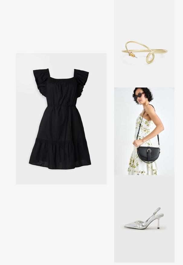 Gap Tall FLUTTER SLEEVE DRESS - Freizeitkleid - black; Silberner Slingback-High-Heel-Schuh mit spitz zulaufender Zehenpartie, metallic-finish, zwei dekorativen Riemen und einem schlanken Absatz mit schwarzer Spitze.; Schwarze Lederhandtasche mit geschwungener Form, abnehmbarem Tragegurt und goldenen Beschlägen. Die Tasche verfügt über einen Deckel mit einer Schnallen-Details.; Goldfarbener Metallarmreif mit fließendem, geschwungenem Design. Er verfügt an einem Ende über einen kleinen, auffälligen, silberfarbenen Akzent.