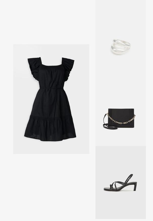 Gap Tall FLUTTER SLEEVE DRESS - Freizeitkleid - black; Schwarze Sandale mit Riemchen, quadratischer Zehenform und niedrigem Blockabsatz. Verfügt über mehrere dünne Riemen und einen verstellbaren Knöchelriemen. Hergestellt aus glattem Leder.; Schwarze Leder-Crossbody-Tasche mit glatter Textur, rechteckiger Form und metallic-kettendetail auf der Vorderseite. Verstellbarer Gurt inklusive.; Silberner Doppelring mit einer glatten, polierten Oberfläche. Verfügt über ein fließendes, kurviges Design mit überlappenden Abschnitten für einen modernen Look.