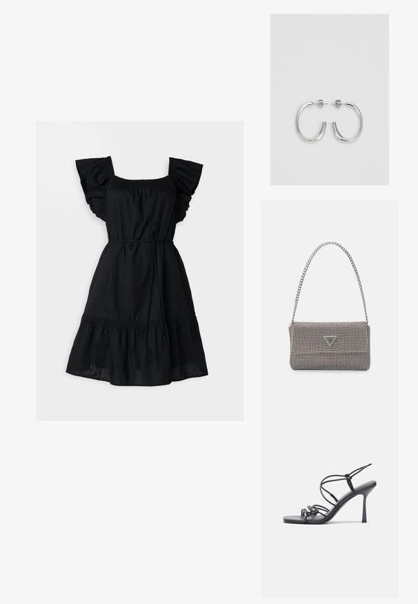 Gap Tall FLUTTER SLEEVE DRESS - Rochie de zi - black; Sandale negre cu toc înalt au curele subțiri cu un design legat, un vârf pătrat neted și un toc stiletto elegant.; Geantă metalică gri deschis, cu un strap din lanț, decorată cu mici ținte circulare metalice și un logo de marcă triangular.; Cercei rotunzi din argint cu un finisaj neted și strălucitor. Design ușor, având o formă rotundă și închidere cu tijă.